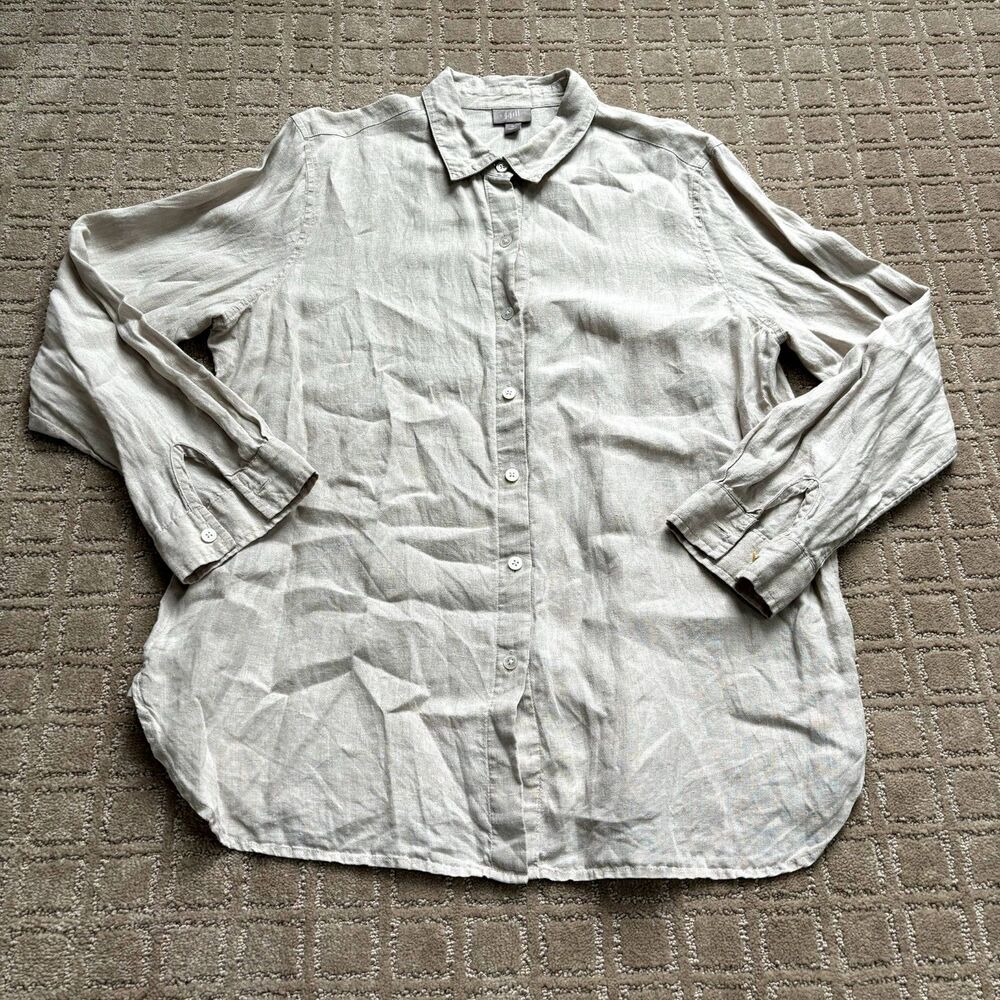 J. Jill 100% Linen Beige Button Down Women's M Tan Collared Shirt Blouse Travel